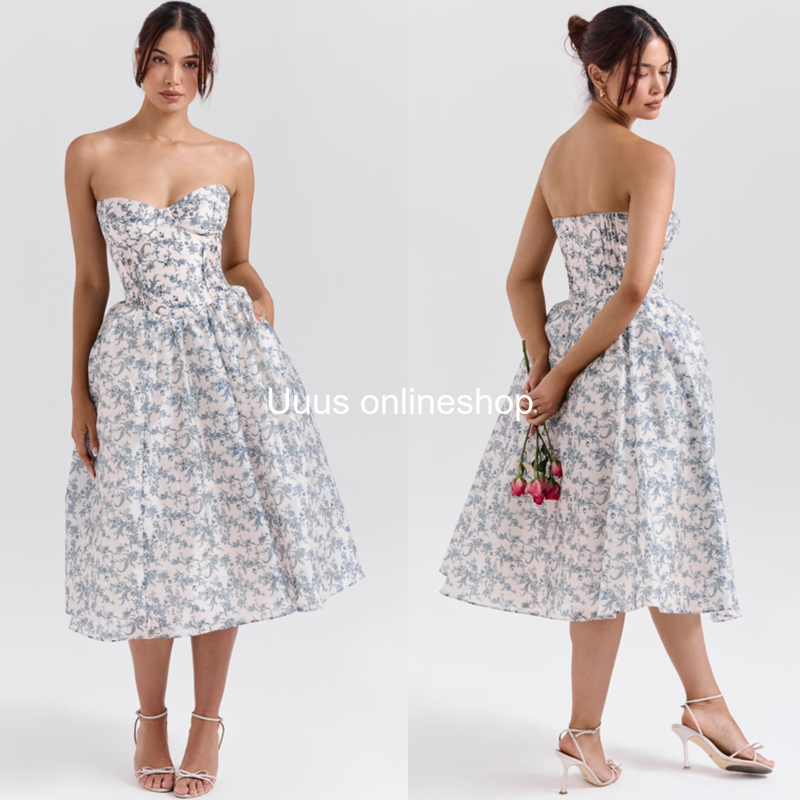 Buyer's Store House of Cb Dress, New French Elegant Style, Floral Blue and White Porcelain Tube Top Long Dress Gown Buyer's Store House of Cb Dress, New French Elegant Style, Floral Blue and White Porcelain Tube Top Long Dress Gown