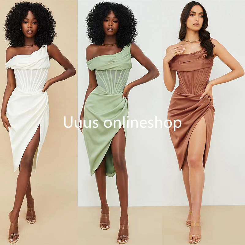 Authentic Buyer's Store House of Cb Dress with Irregular Pleats, One-Shoulder Side Slit, Waist-Cinching Slim-Fit Gown