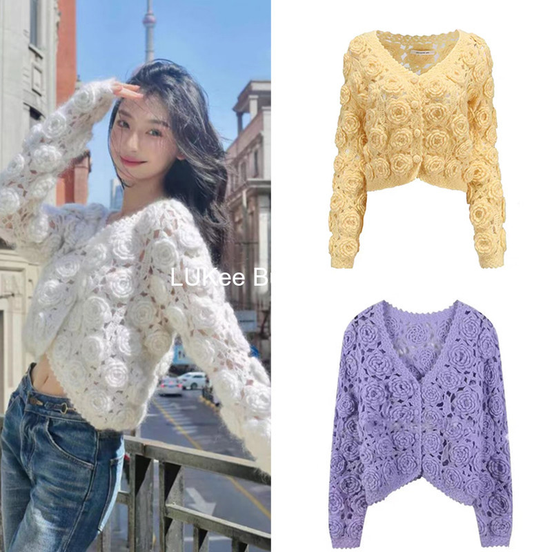 Authentic Jacquemus Yimengling Style Crochet Short Top Hollow Knit Cardigan Three-Dimensional Rose Sweater
