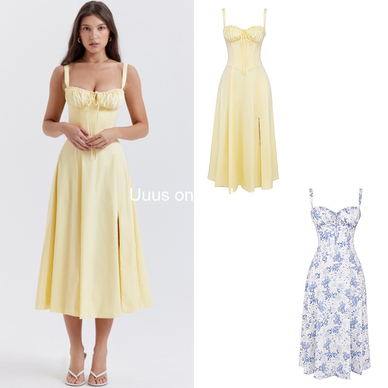 Authentic House of Cb Dress from a Buyer's Store, New Spring/Summer French Floral Split Strap Waist-Cinching Long Dress