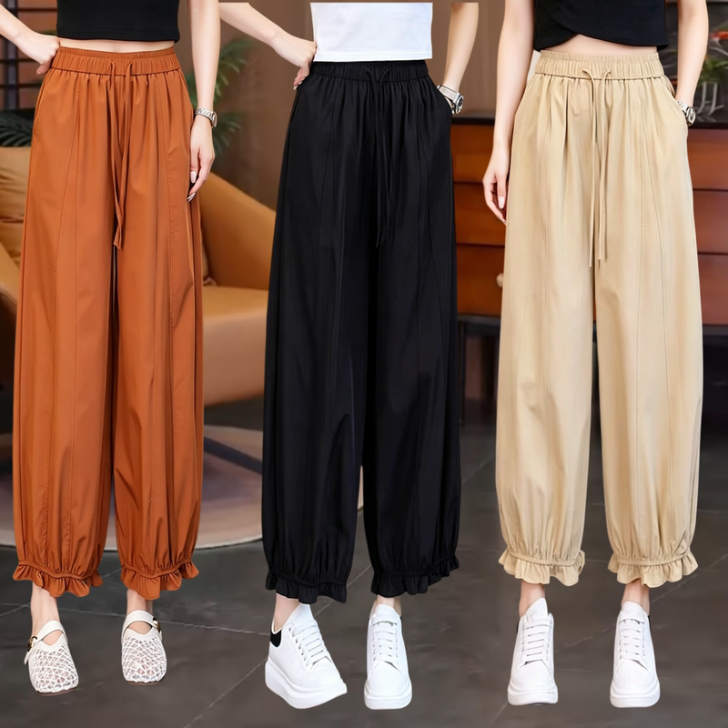 Ice Silk Wide-Leg Pants for Women, Summer Thin Quick-Dry Loose Straight-Leg Lace Trim Cropped Lantern Pants for Women