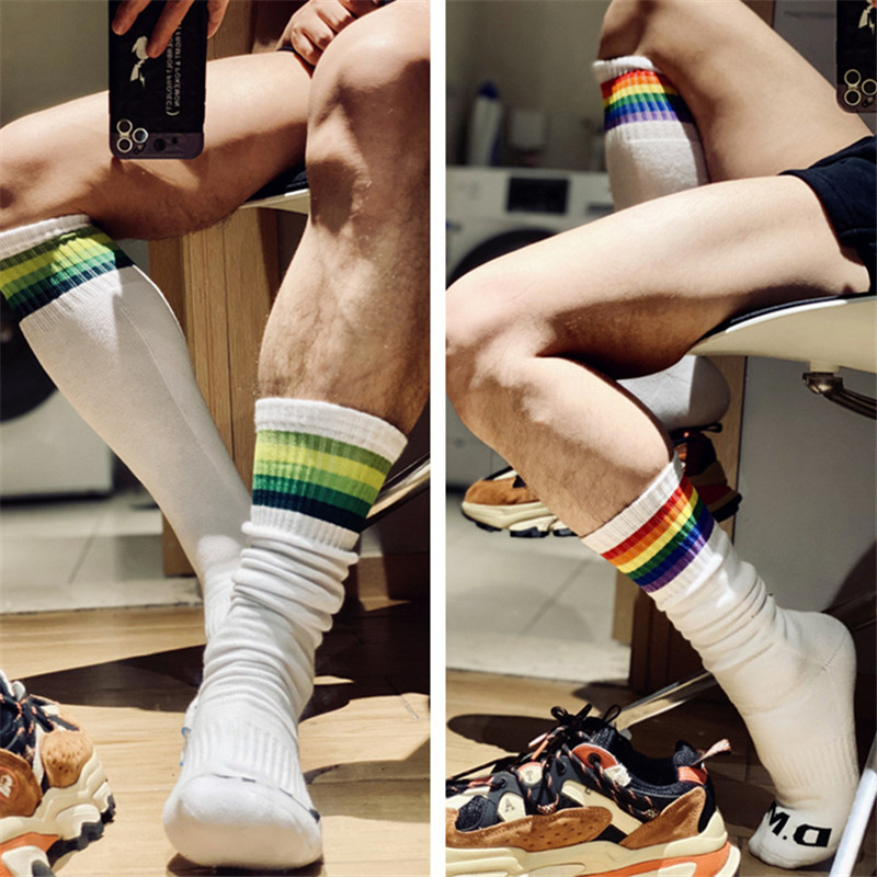 Men's Rainbow Striped Terry Socks, High Tube Long Socks, Trendy Fashion, Sports Casual, Autumn and Winter Cotton, Football, Sexy