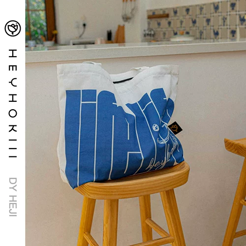 heyhokiii Оригинальный дизайнерский синий хлопковый шоппер, сумка, английский