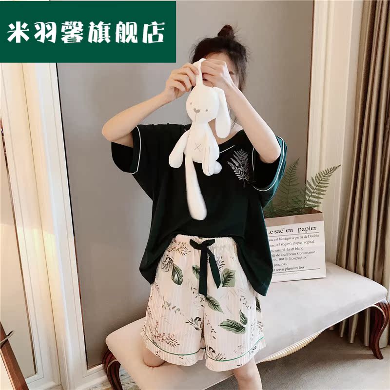 bộ đồ ngủ ngắn tay womens bộ mùa hè V-cổ lụa băng dễ thương quần áo nhà đang lớn chất béo mm200 kg quần short phù hợp có thể mòn bên ngoài.