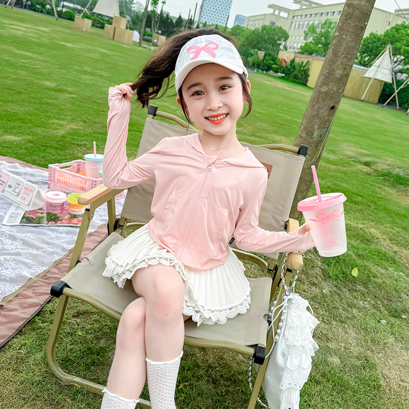 子供用日焼け止め服 女の子 夏 2025年新作 アイスシルク 薄手紫外線カットジャケット ベビーフード付き日焼け止め服