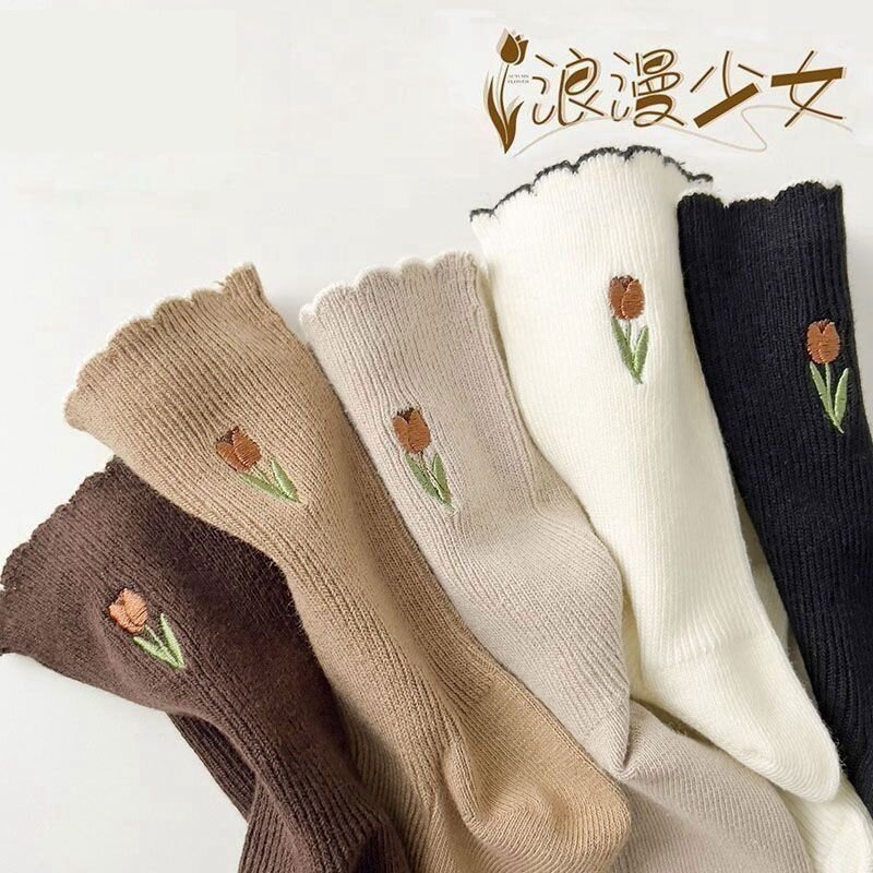 新品秋冬季长袜子女款纯棉可爱百搭日系中筒袜长筒花边堆堆袜咖色