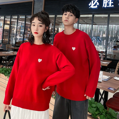 Осенняя демисезонная брендовая парная одежда для влюбленных, красный небольшой дизайнерский трикотажный свитер, оверсайз, свободный крой