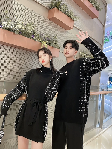 Осенняя демисезонная парная одежда для влюбленных, трикотажный свитер, платье, юбка, французский стиль, в корейском стиле