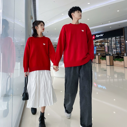 Осенняя демисезонная брендовая парная одежда для влюбленных, красный небольшой дизайнерский трикотажный свитер, оверсайз, свободный крой