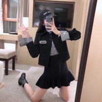 Fashion suit 2021 new plaid shirt vintage short jacket high waist pleated short skirt womens three-piece set