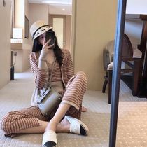 Casual suit womens 2021 autumn and winter new Korean version of the socialite style knitted wide-leg pants retro temperament Western style three-piece set