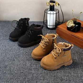 New Autumn and Winter Children's Boots, Girls' Boots, British-Style Leather Boots with Fleece Lining, Boys' Baby Shoes, Small Yellow Boots