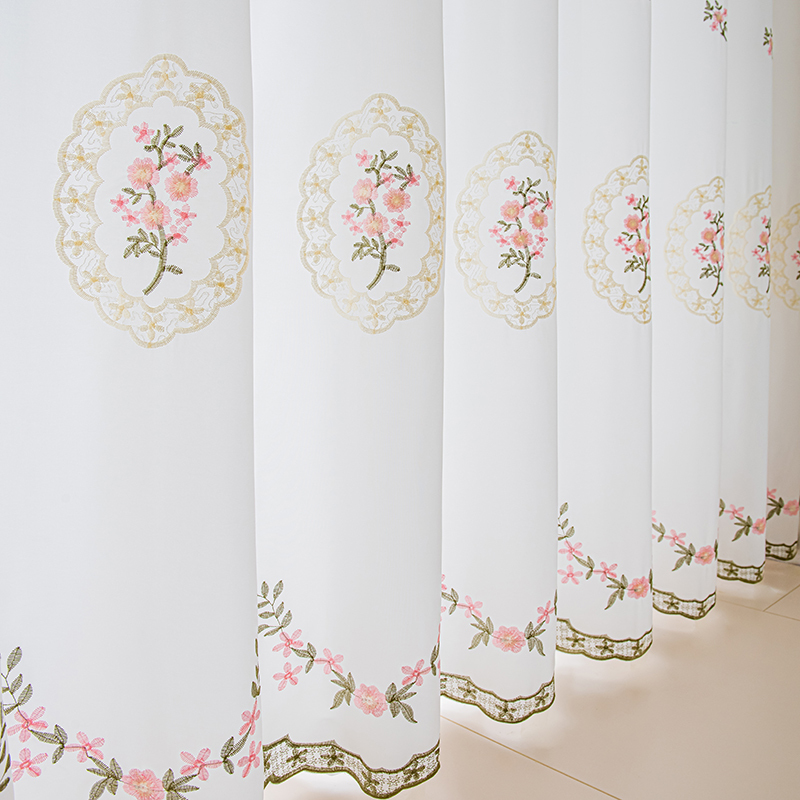 Translucent but Not See-Through Embroidered Sheer Curtain, Pink Pastoral Vintage Window Curtain, Beauty Salon Partition, Living Room Balcony Sunshade, Semi-Blackout