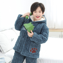 Childrens pajamas winter thickened coral velvet boys middle and big children plus velvet warm three-layer cotton boy winter suit