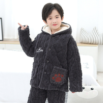 Childrens pajamas winter thickened coral velvet boys middle and big children plus velvet warm three-layer cotton boy winter suit