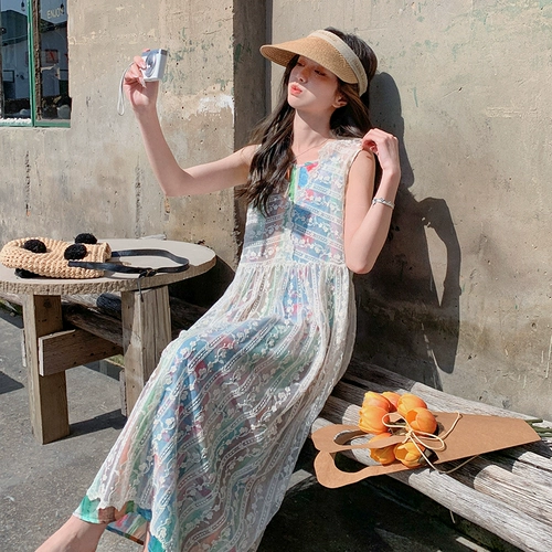 Платье-комбинация, платье, свежая атмосферная юбка, цветочный принт, французский стиль, стиль бохо