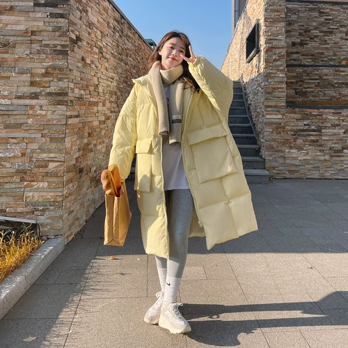 Желтый демисезонный длинный пуховик с пухом, коллекция 2023, в корейском стиле, оверсайз, увеличенная толщина, набивка пером