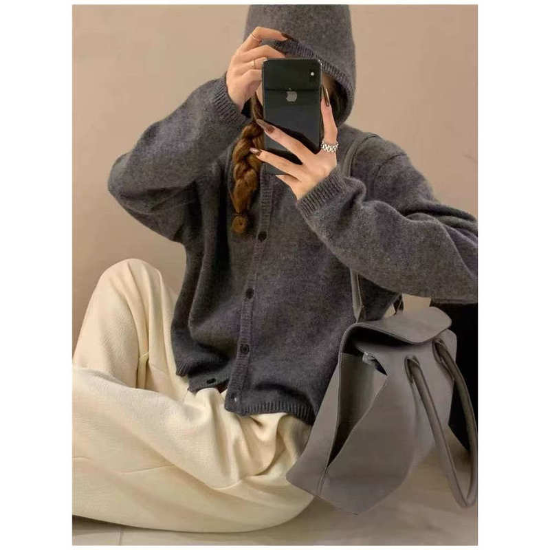 European Casual Hooded Pure Wool Cardigan for Women, Autumn and Winter Loose, Lazy, Versatile Knitted Thick Sweater Hoodie Jacket