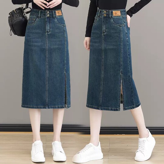 Slit Denim Skirt for Women 2026 Spring and Autumn New High-Waisted Slimming A-Line Skirt Loose Mid-Length Hip-Hugging Skirt