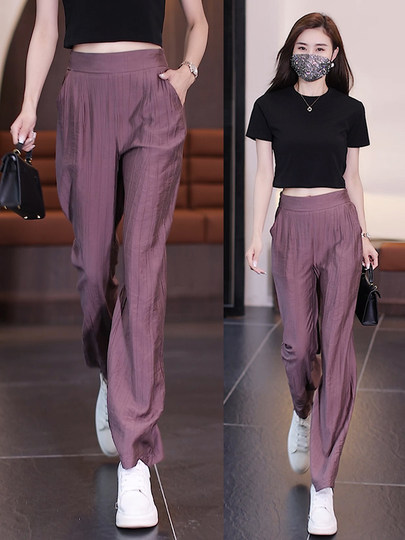 Summer Thin Ice Silk Casual Wide-Leg Pants for Women, High-Waisted, Slimming, 2026 New Style, Narrow Version, Drapey, Loose Straight-Leg Trousers