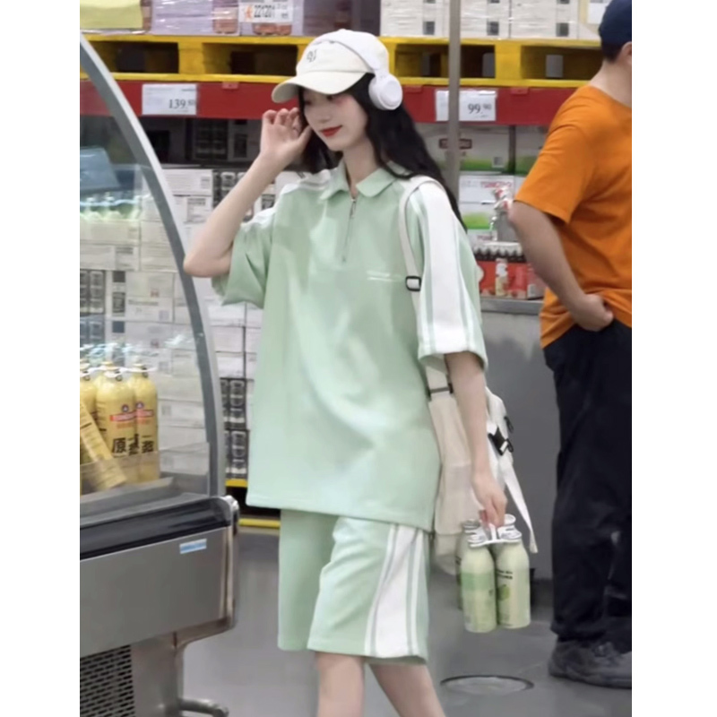 Sports Suit for Women, Summer Polo Shirt, Short-Sleeved, Student Style, Fashionable, Salt-Style, Girly, Casual Shorts, Hong Kong Style, Two-Piece