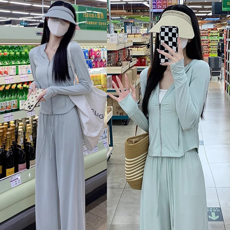 Waist-Cinching Breathable Sun Protection Clothing Casual Sports Suit for Women, Anti-Uv, High-Waisted, Slimming, Age-Reducing Wide-Leg Pants Two-Piece Set