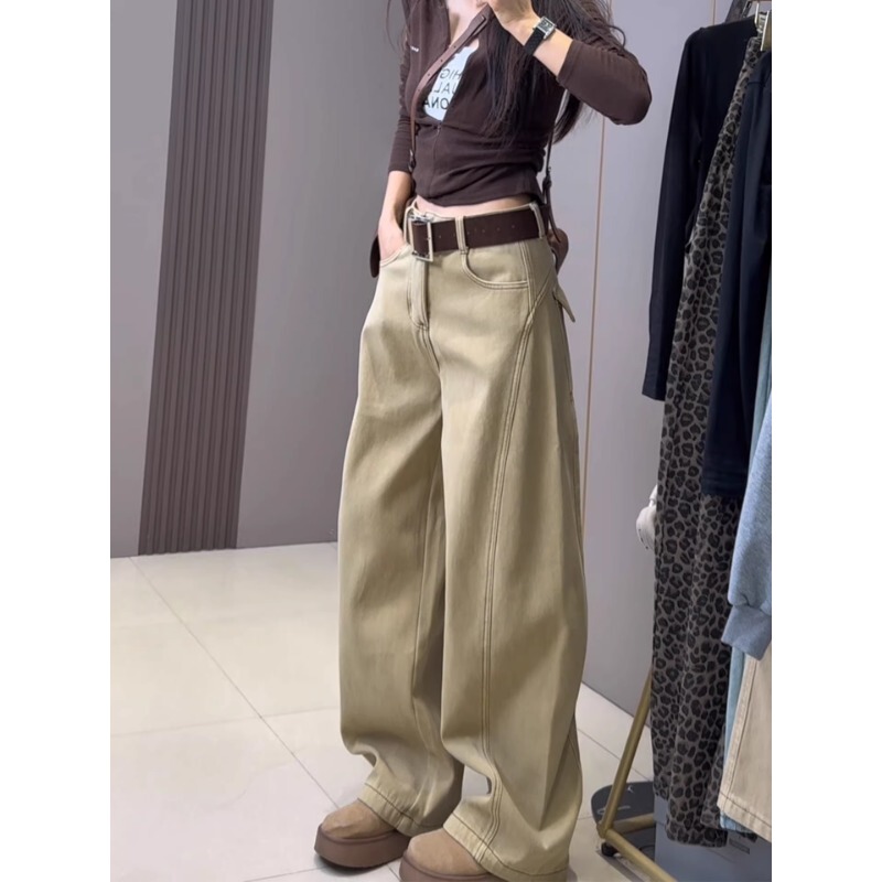 American Retro Khaki Scimitar Jeans for Women 2026 Spring and Autumn New High-Waisted Slim-Fit Narrow Straight Wide-Leg Pants