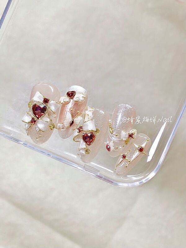 Satin Stone | Honey Plum Blossom Wearable Nails Original Bow Ribbon Gentle Nude Pink High-End Whitening Nail Art