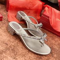 RC coarse heel sandals 2021 New female summer medium-high heel Roman clip toe butterfly knot water drill sandal women fairy wind