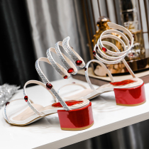  Very Western-style net red fairy shoes ~ 2020 new foot-wound rhinestone thick-heeled sandals serpentine winding RC womens shoes