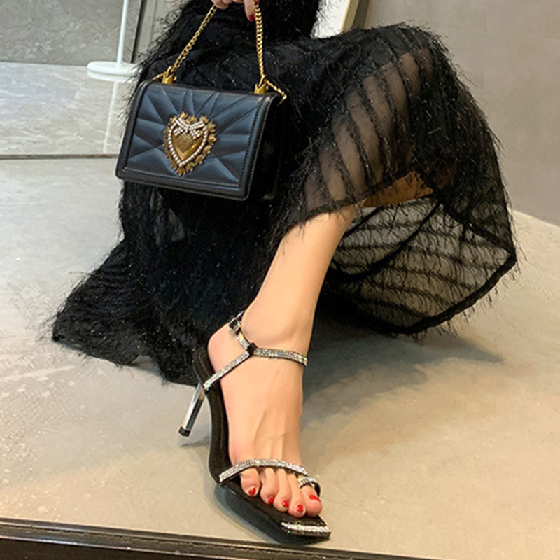 Black sexy high heels women's fine heels 2020 new women's word with square head open toe net red rhinestone sandals