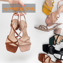  Late night wind thin belt thick heel sandals womens 2020 new Korean version is very fairy suede simple open-toed Roman shoes