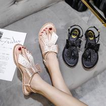 Summer new fairy wind clip-toed RC rhinestone sandals female Korean version of wild big bow sandals female flat shoes