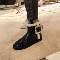 Conspicuously slim legs length 100 lap Inn Wind Classic Square Buttons Lacquered Leather Flat Bottom Snowy Boots Women Shoes