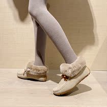 Butterfly knot snow ground boots female leather hair integrated non-slip and warm genuine leather rabbit hair heightening flat fur shoes