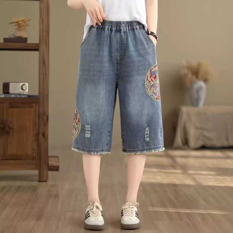 New Chinese-Style National Embroidery Six-Point Elastic Waist Women's 2026 Summer Thin Loose Large Size Casual Straight-Leg Pants New Chinese-Style National Embroidery Six-Point Elastic Waist Women's 2026 Summer Thin Loose Large Size Casual Straight-Leg Pants