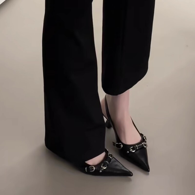 2026 Spring/Summer New Sexy Black Belt Buckle Pointed Toe High Heels Closed Toe Stiletto Backless Strap Single Shoes