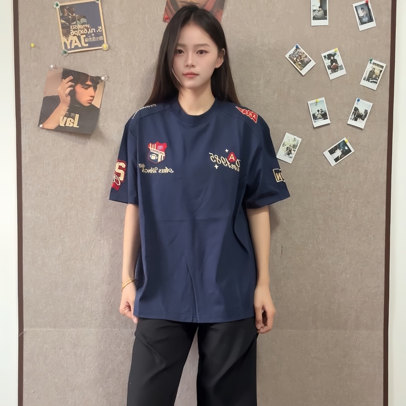 【Foygob】American Retro "Sorona" Cool-Touch Medal Embroidered Short-Sleeve T-Shirt Unisex Short Wide Top Trendy