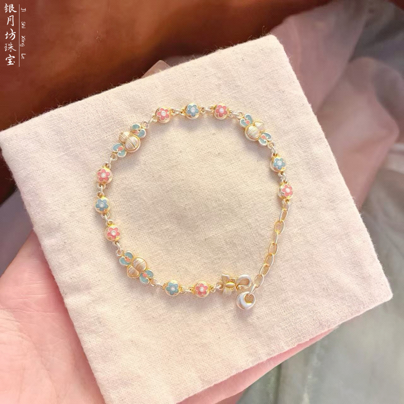 Pure Silver 9999 Gold-Plated Enamel Gourd Flower Bracelet for Women, Chinese Style, High-End Pure Silver, Versatile Gift Silver Bracelet Pure Silver 9999 Gold-Plated Enamel Gourd Flower Bracelet for Women, Chinese Style, High-End Pure Silver, Versatile Gift Silver Bracelet