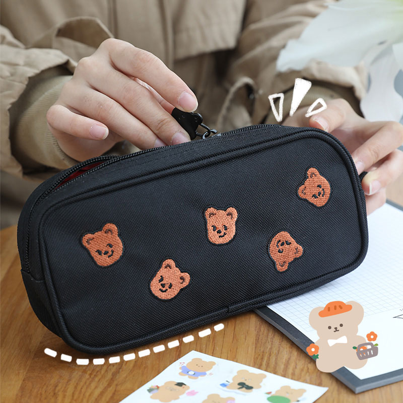February set bear pencil bag Junior High School High School students simple ins Japanese high value niche unpopular Black large capacity stationery box 2021 new pop style girl creative Net red fairy Qi