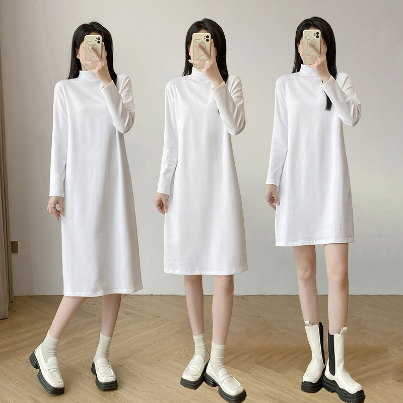 Half-High Collar Long-Sleeve T-Shirt Dress for Women, Loose Fit, Mid-Length, Pure Cotton Brushed Base Layer, Over-The-Knee, Bodycon Dress