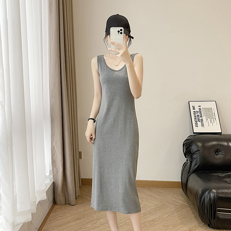 Gray Sleeveless Tank Top Dress for Women, Spring and Summer Outerwear, Mid-Length, Petite, Ribbed Cotton Little Black Dress