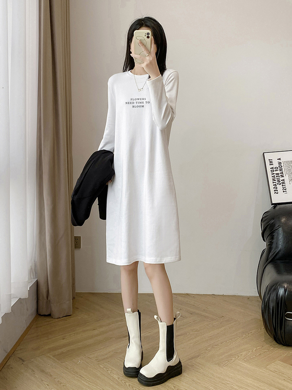 Tall Women's Pure Cotton Brushed Over-The-Knee Dress, Autumn and Winter Long-Sleeve T-Shirt Dress, Korean Style Versatile Inner and Outer Wear Base Shirt Tall Women's Pure Cotton Brushed Over-The-Knee Dress, Autumn and Winter Long-Sleeve T-Shirt Dress, Korean Style Versatile Inner and Outer Wear Base Shirt