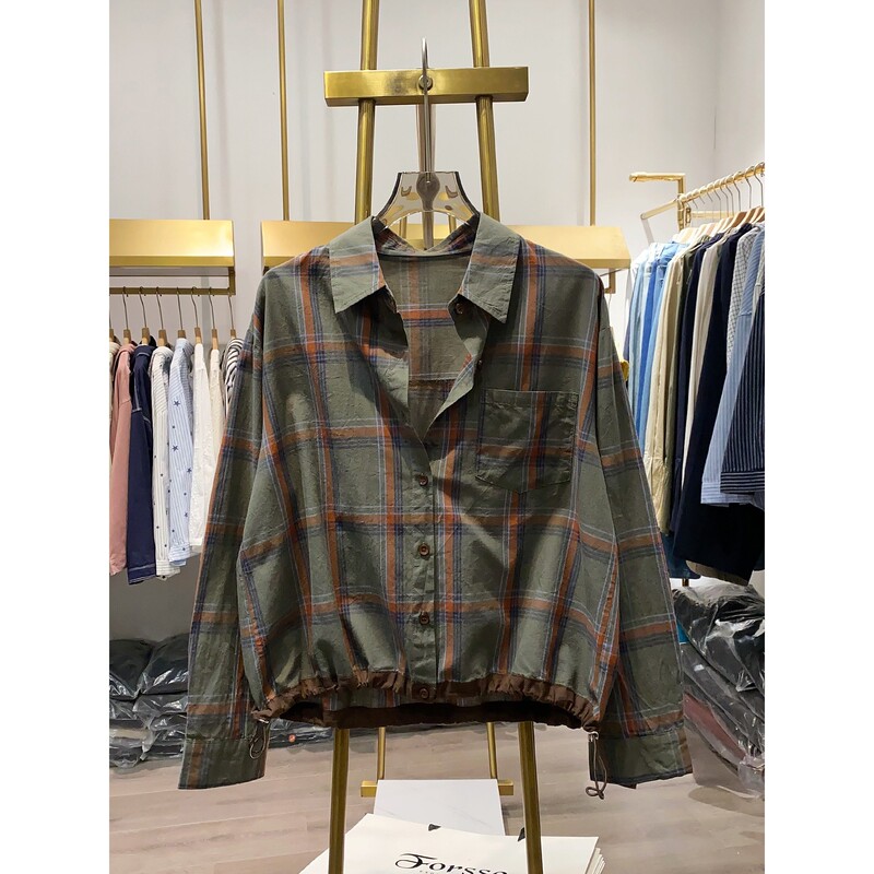 American Retro Niche Plaid Long-Sleeve Shirt for Women, Fashionable Short Loose Drawstring Versatile Casual Jacket, Trendy for Autumn