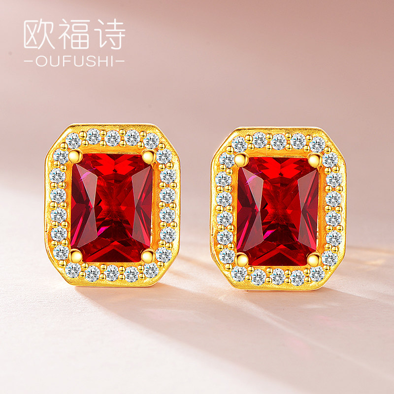 New 24K gold ear 999 gold ear bare gold ear bare tide ruby birthday present to Mom