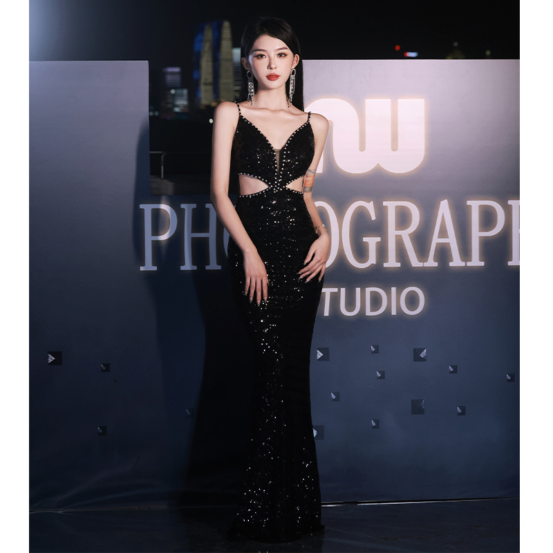 Black Evening Dress for Women 2026 New Style Light Luxury Niche High-End Design Sense Host Annual Meeting High-Class Dress