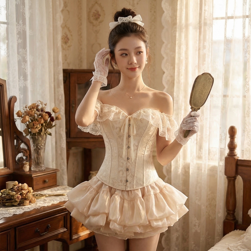 Rococo-Style Champagne-Colored Fishbone Corset Set for Girls, Tube Top, Waist-Cinching, Sweet Palace Cake Skirt Top