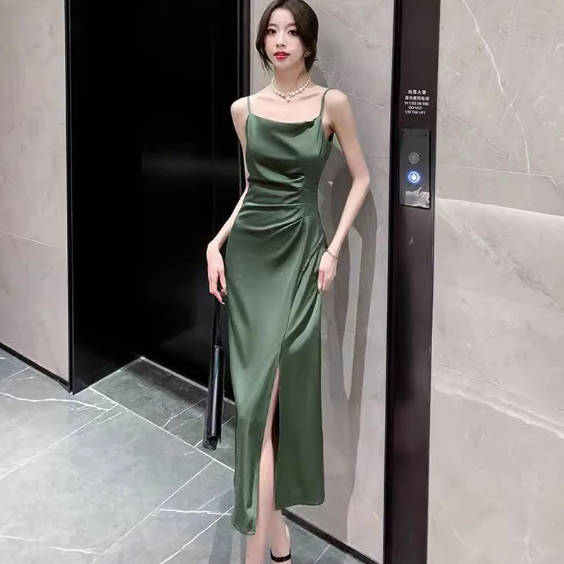 Green Acetate Satin Slip Dress for Women, Summer European Style, Forest Style, Elegant, Slim Fit, Slit, Bodycon Dress, Long Dress