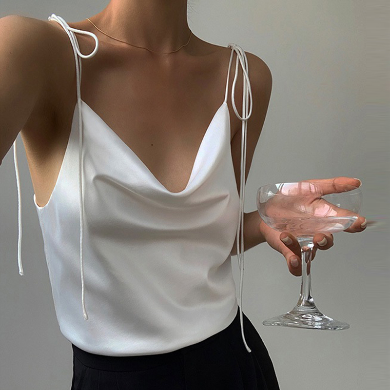 Satin Swing Collar Small Camisole Women's Summer Sexy Short Suit with Bottoming Acetate Ice Silk Outer Top