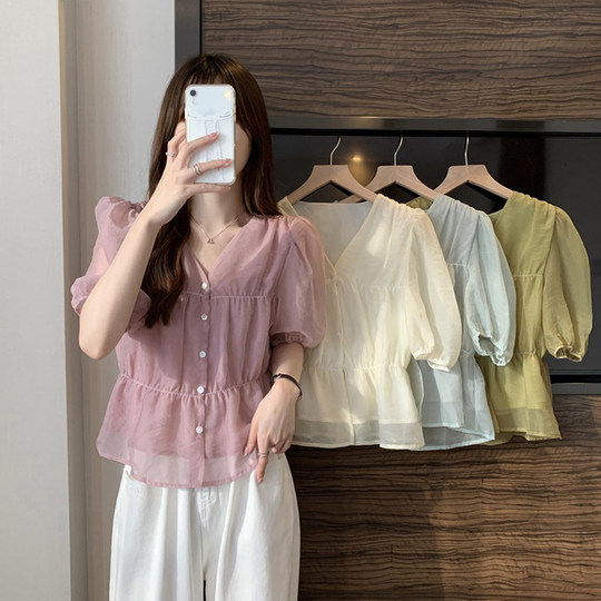 薄款雪纺衫女夏季新款欧货短款超仙t天丝上衣收腰泡泡袖蕾丝短袖